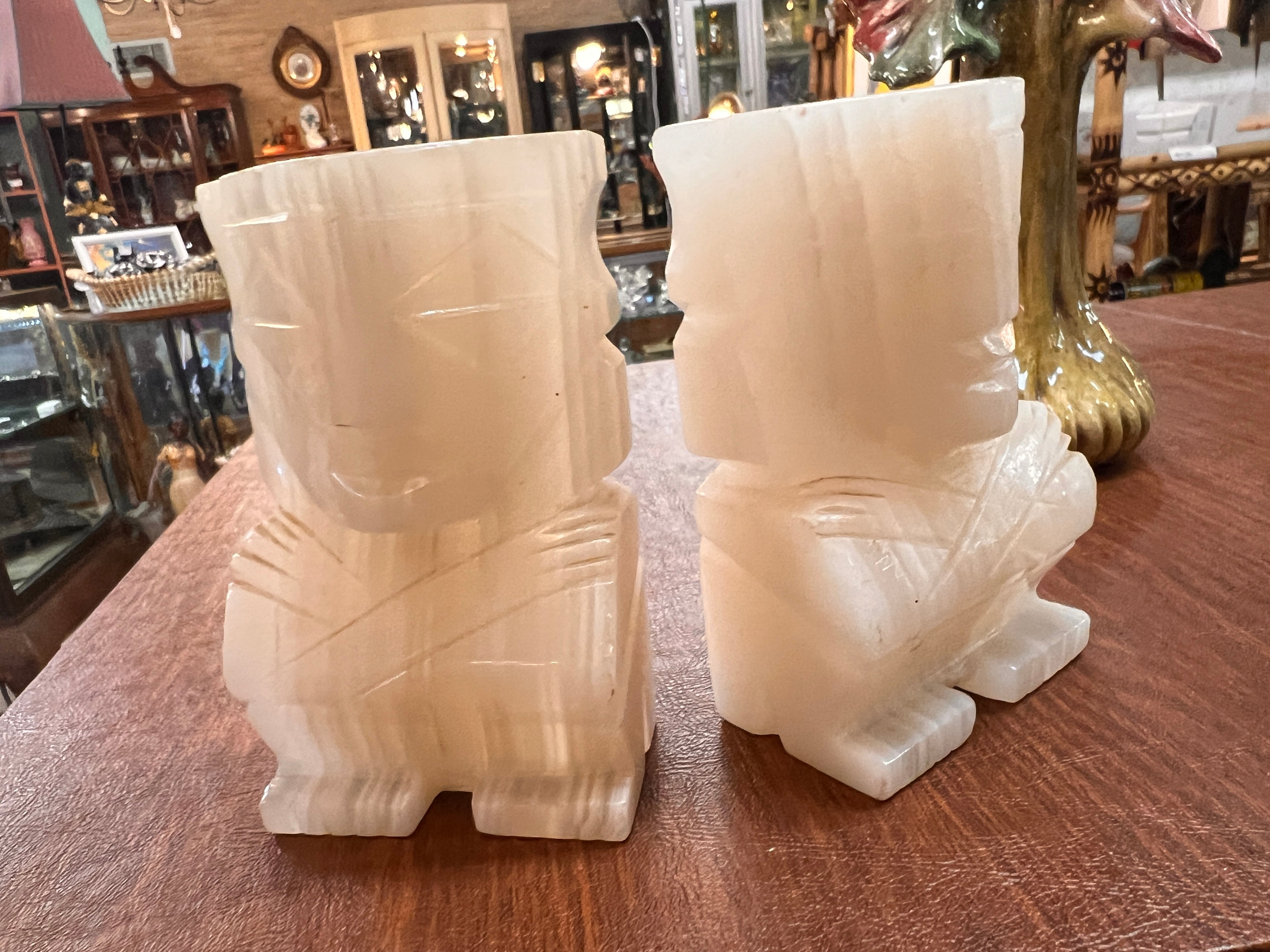 Pair of Hand-Carved Alabaster Tribal Figurine Bookends