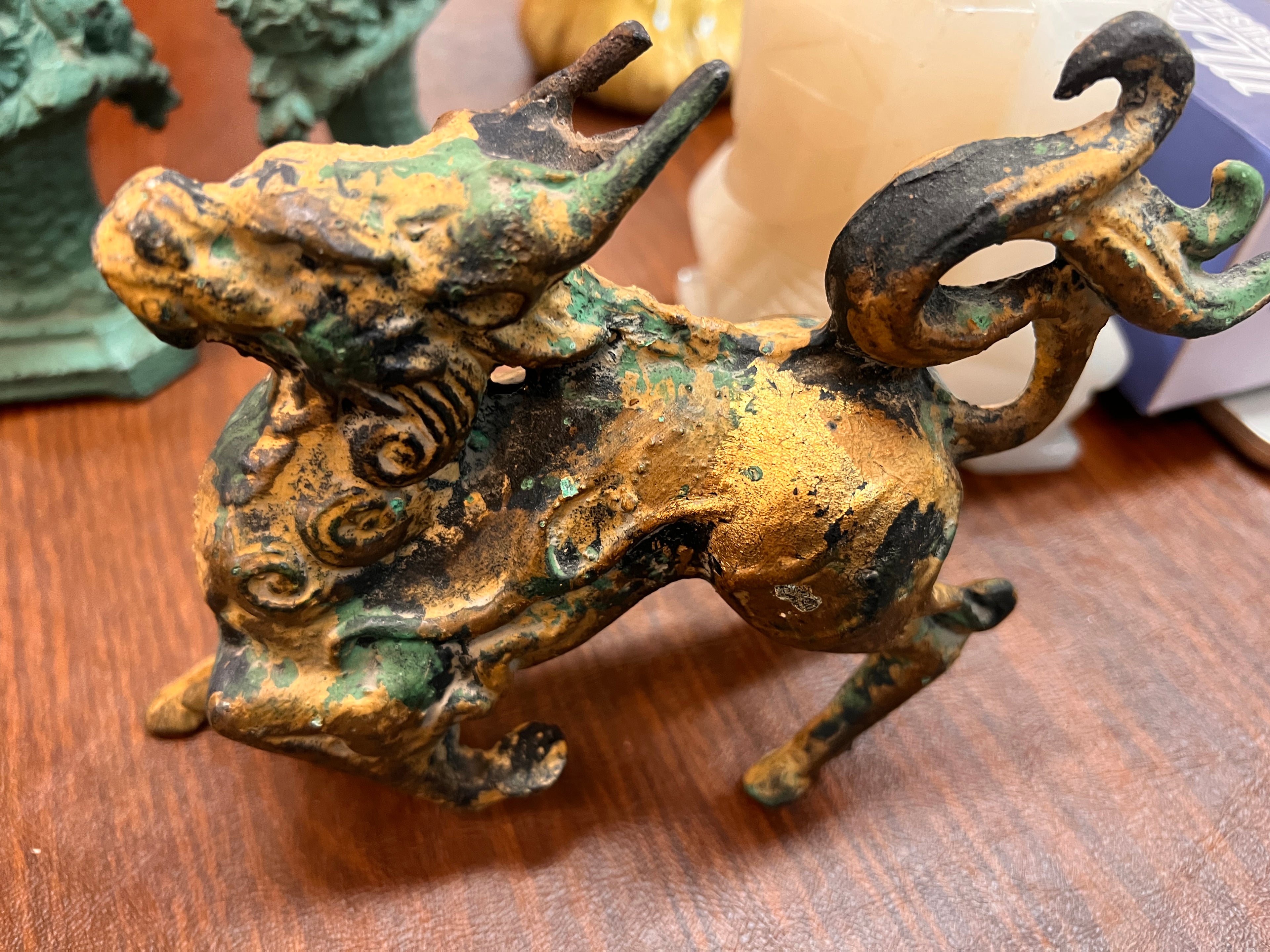 Antique Asian Cast Bronze Mythical Beast Figurine – Gilt & Verdigris Patina