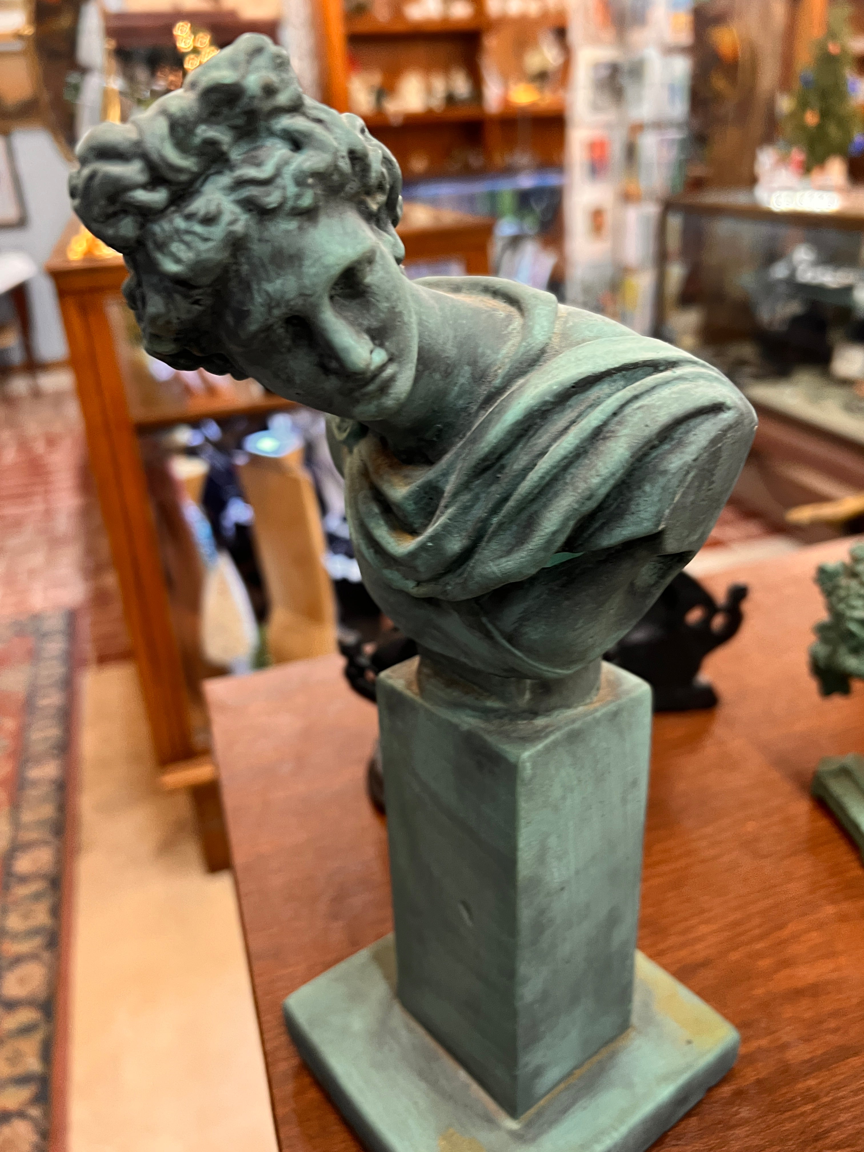 Signed 1986 Classical Bust Sculpture – Verdigris Cast on Pedestal Plinth