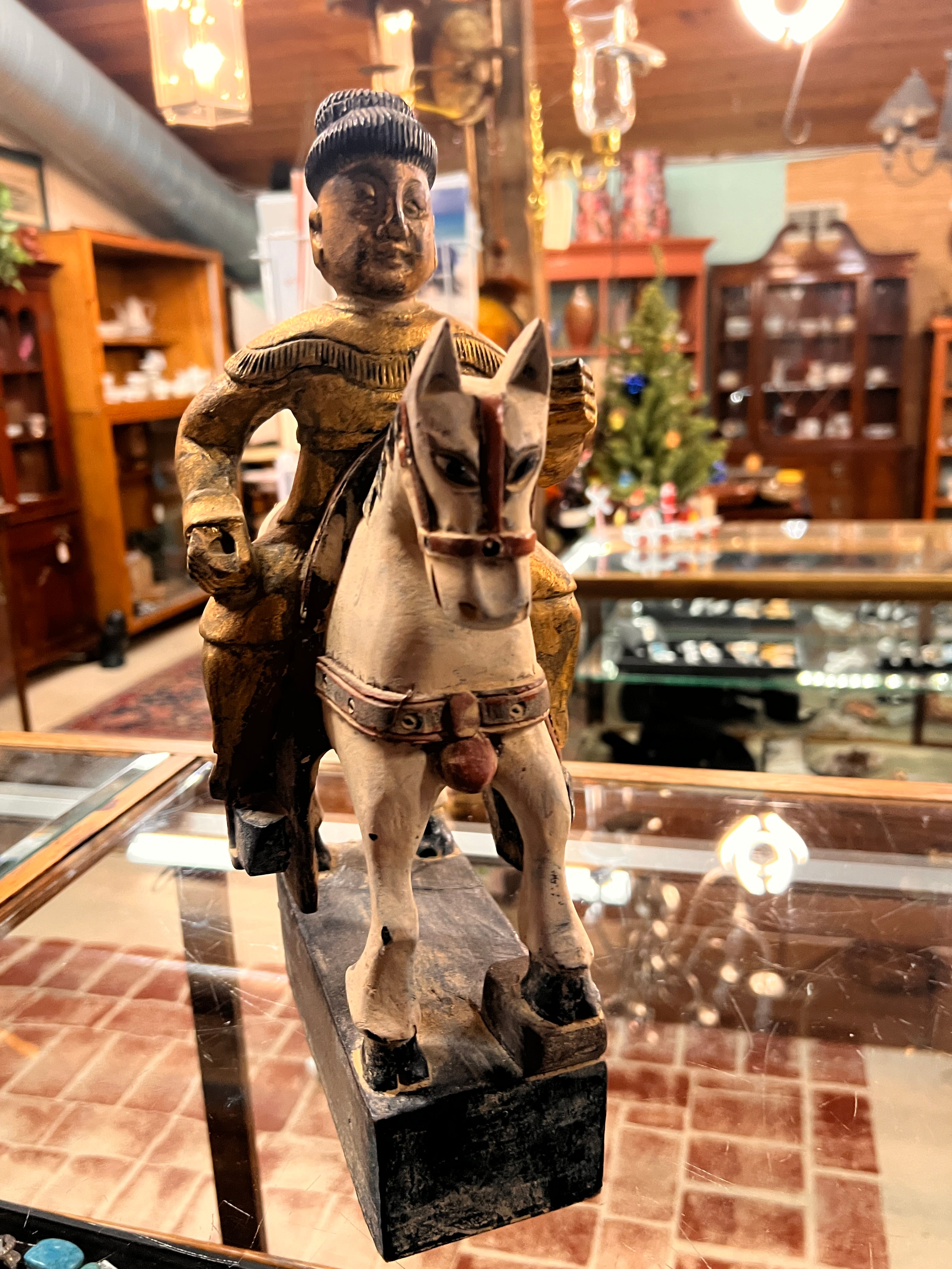 Pair of Hand-Carved Asian Mounted Warrior Figures – Antique Painted Folk Art