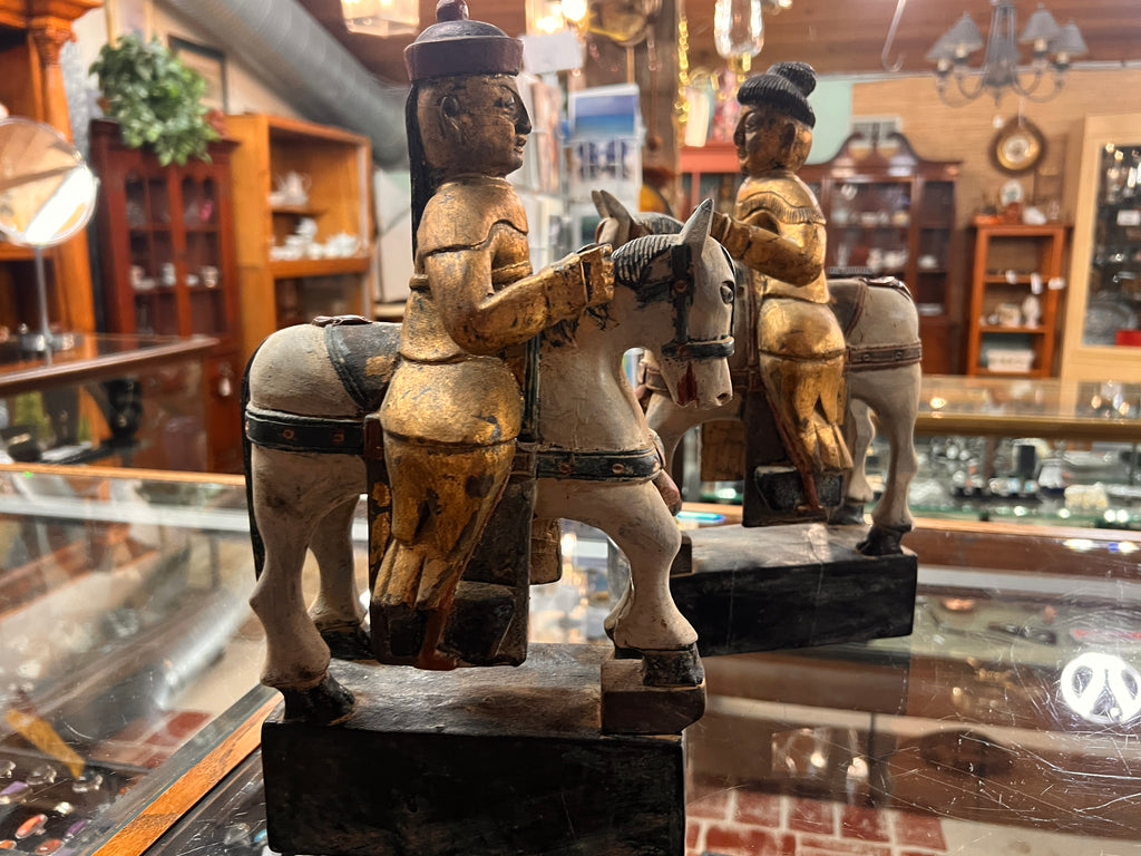 Pair of Hand-Carved Asian Mounted Warrior Figures – Antique Painted Folk Art