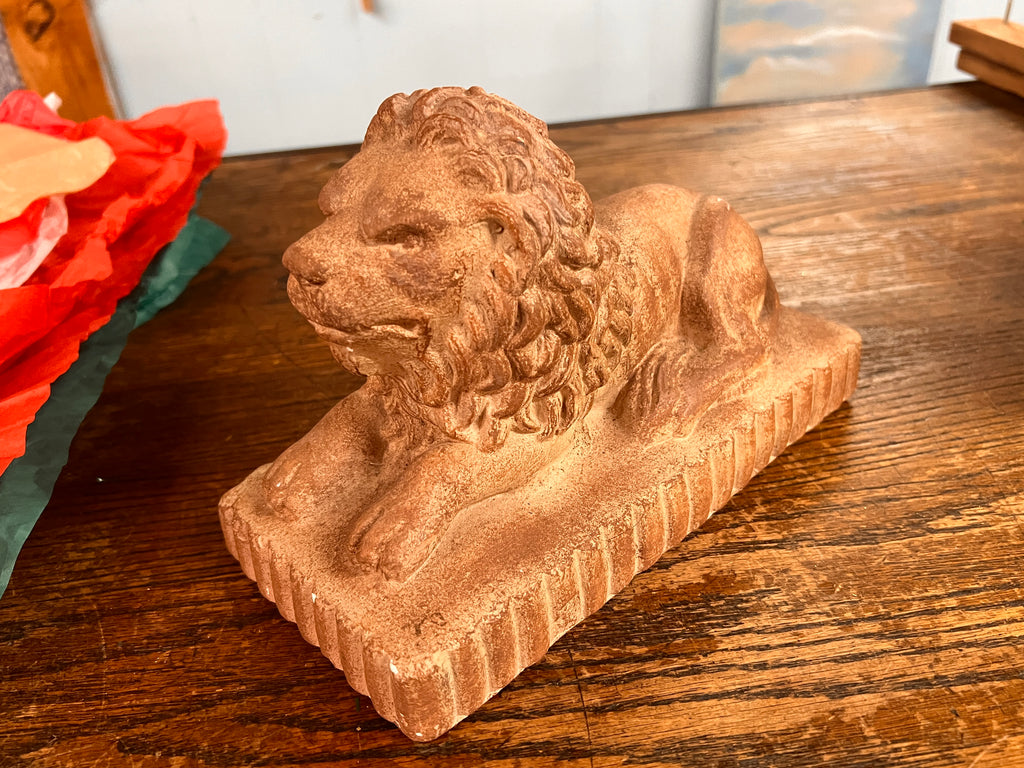 Pair of Vintage Terracotta Lion Statues – Architectural Style Bookends or Shelf Accents