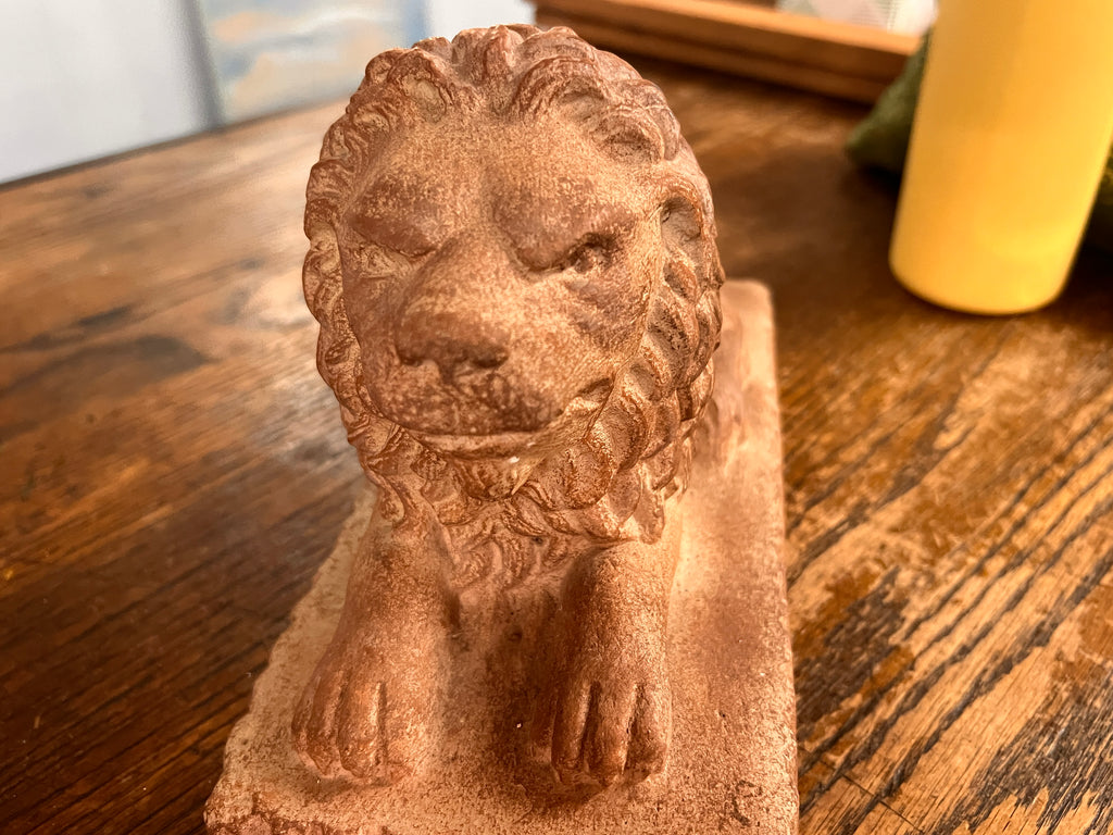 Pair of Vintage Terracotta Lion Statues – Architectural Style Bookends or Shelf Accents