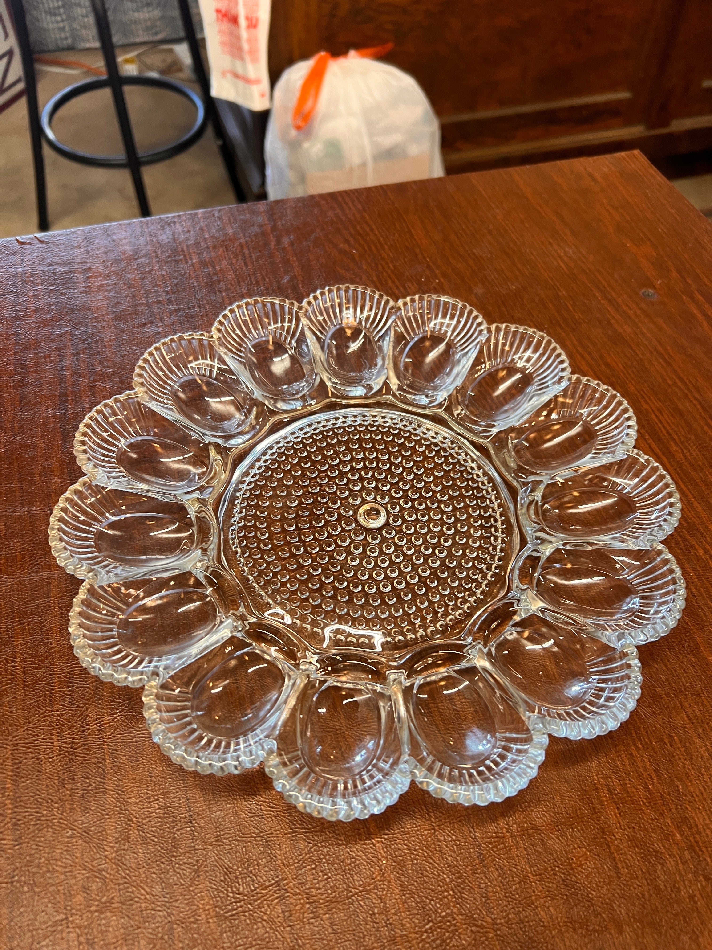 Vintage Deviled Egg Platter Hobnail Clear Glass With Clamshell Scalloped Edge
