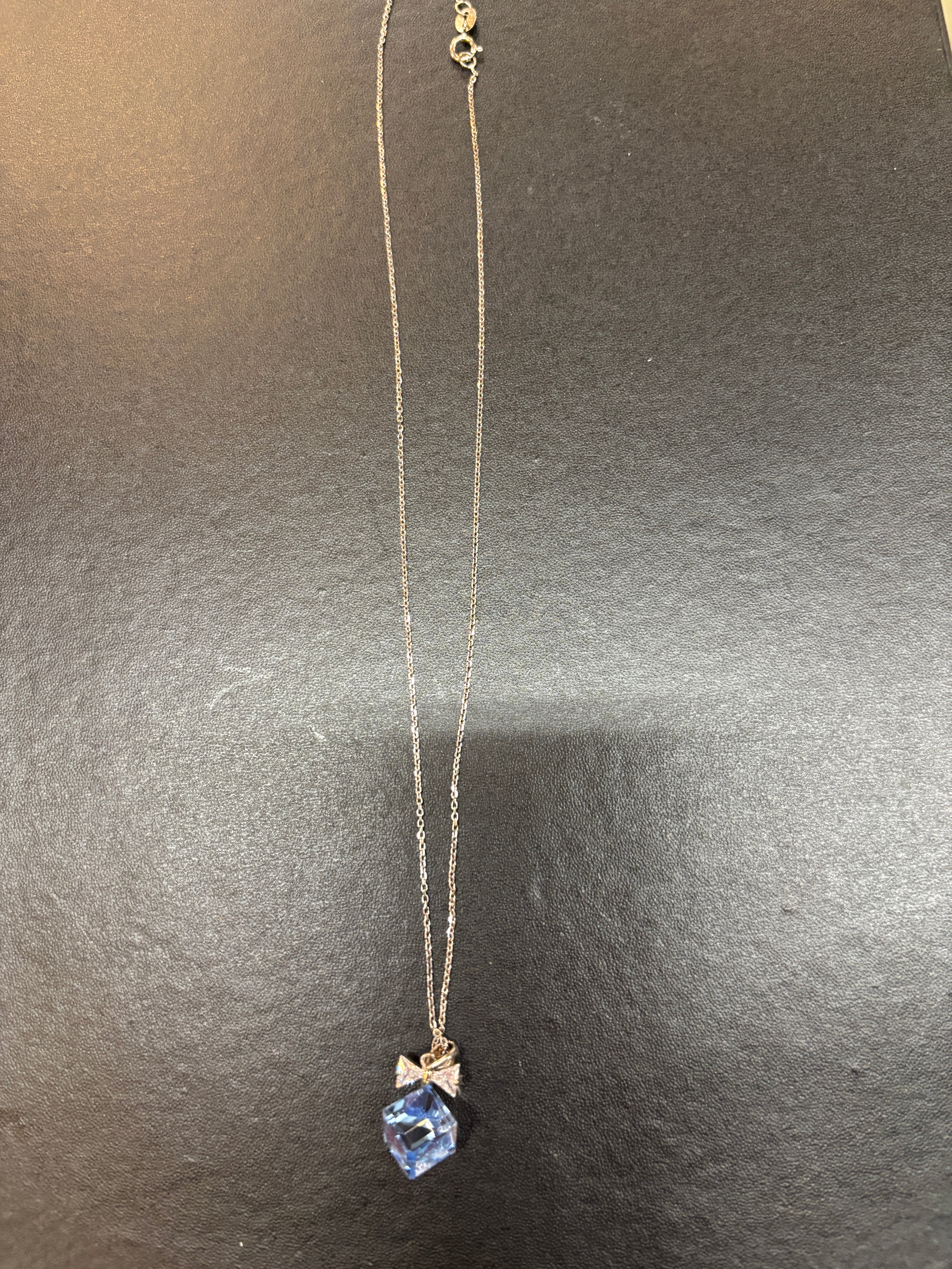 16" Blue Quartz with Bow Necklace 925 Sterling