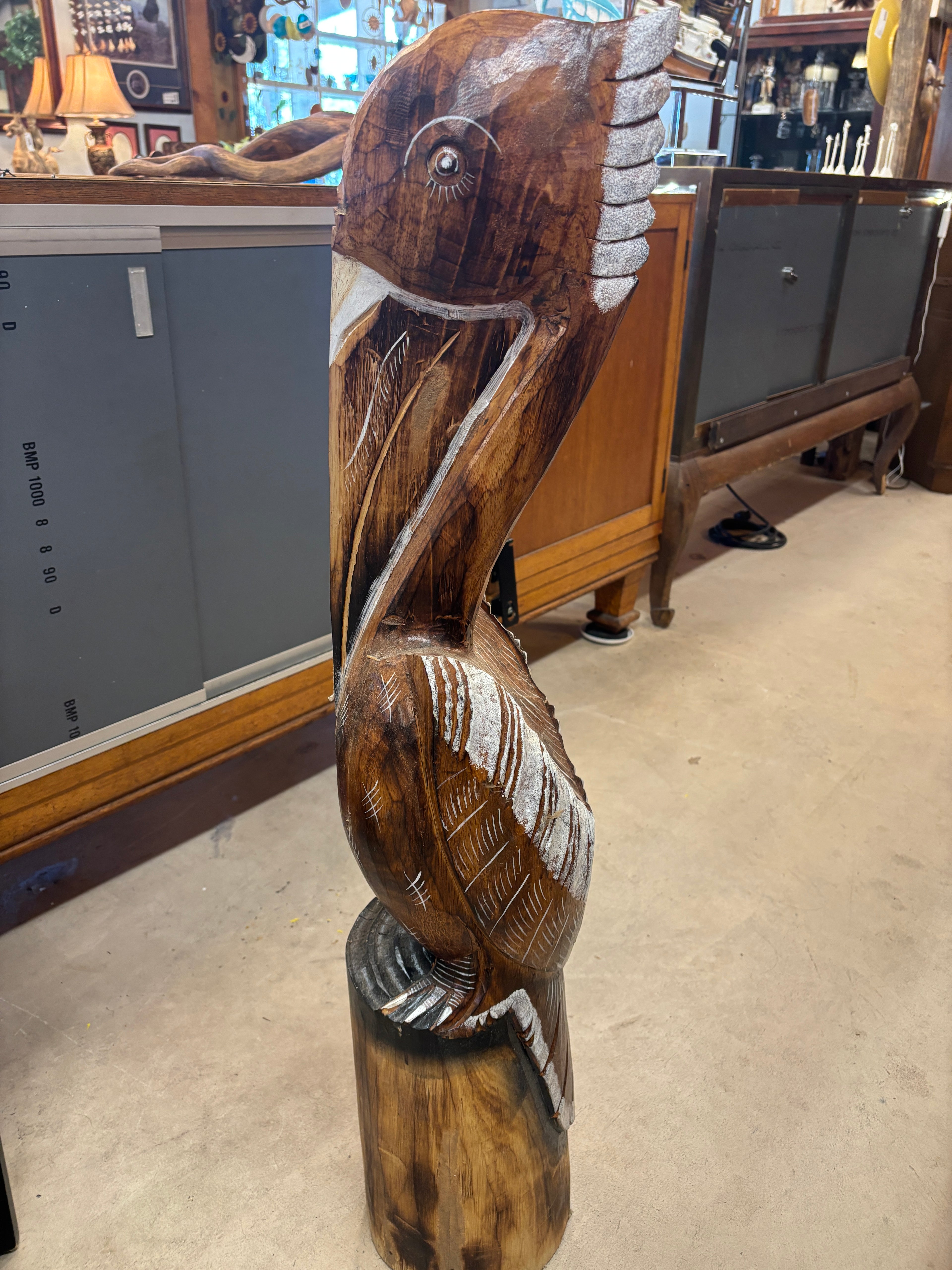 Large Wooden Pelican on Wood 39 in Tall