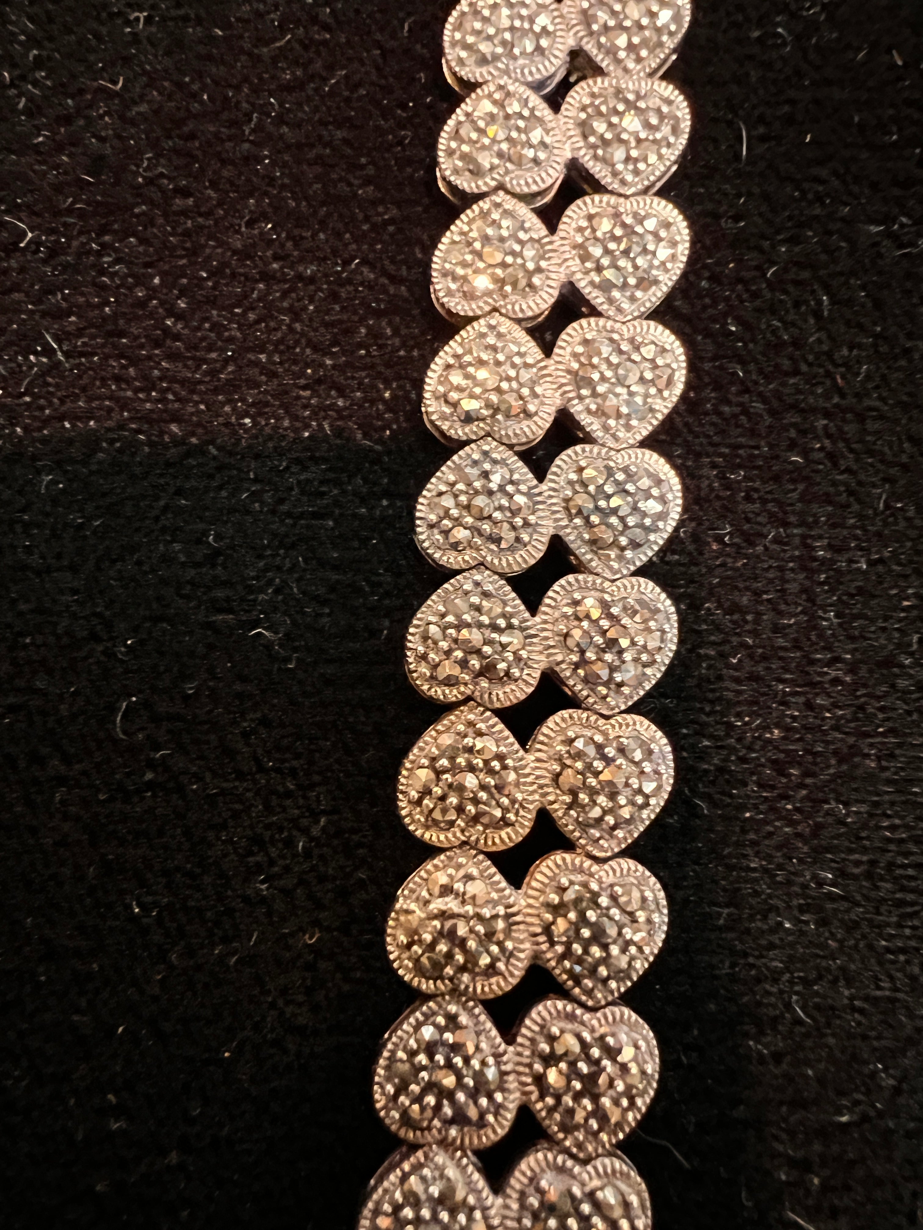 Vintage Sterling Silver Marcasite Double-Heart Link Bracelet – 30g