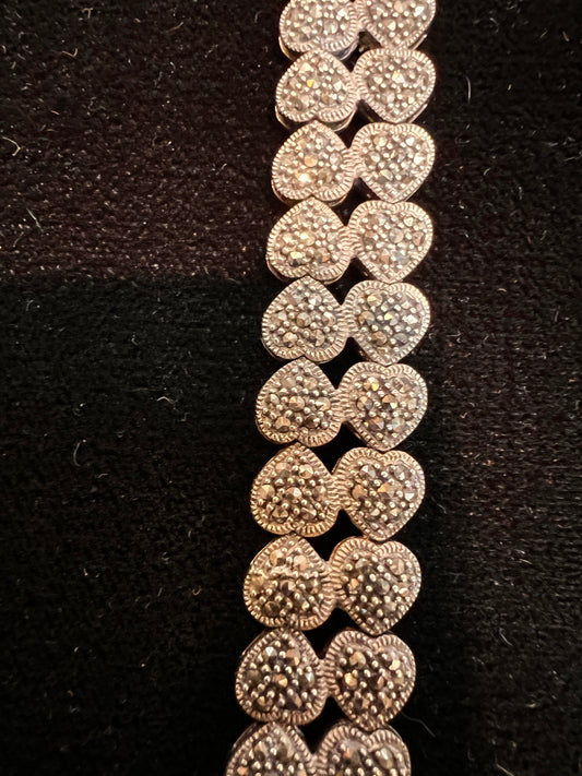 Vintage Sterling Silver Marcasite Double-Heart Link Bracelet – 30g