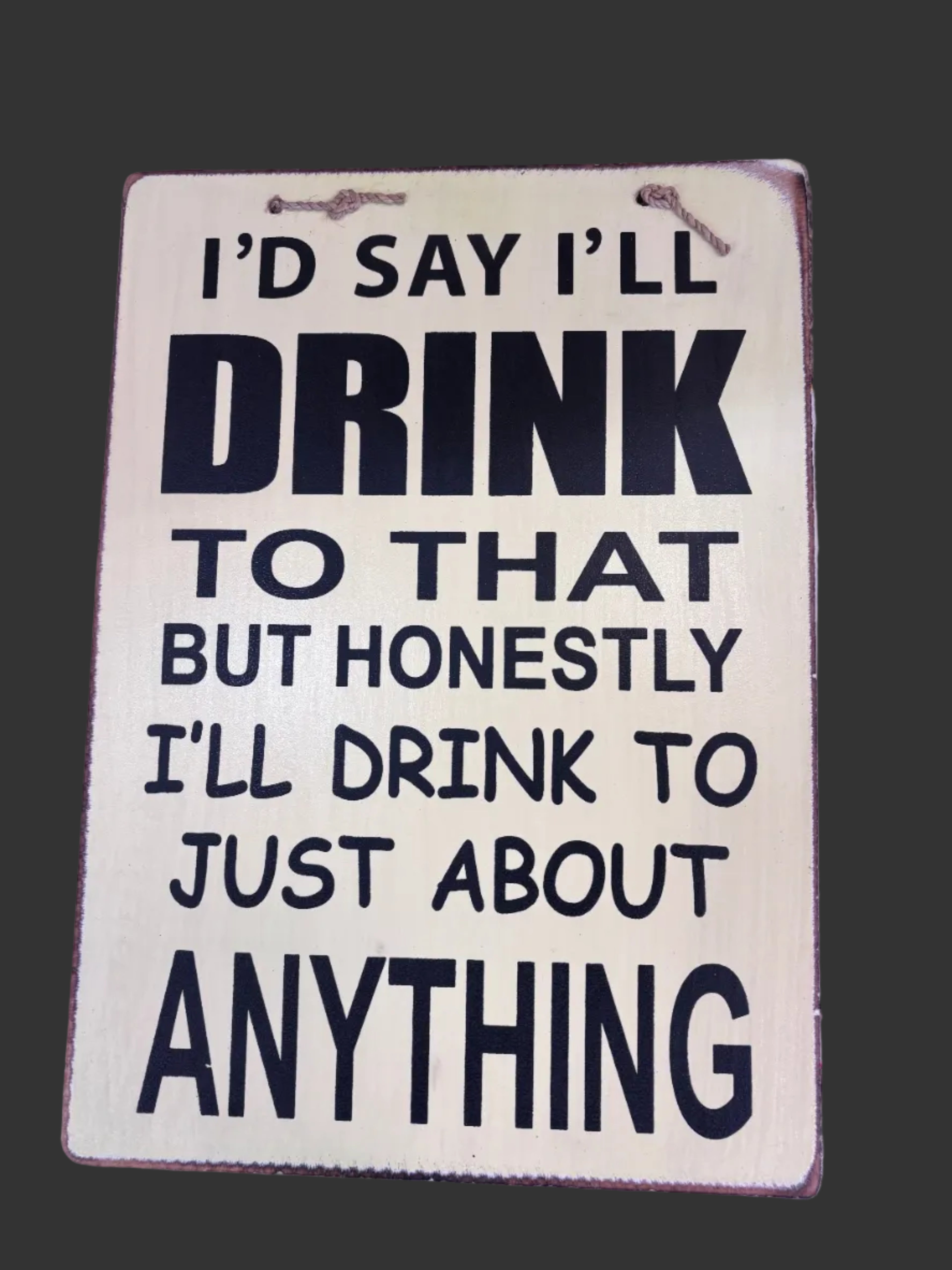 A rectangular cream-colored wooden sign with black text that reads, 'I'D SAY I'LL DRINK TO THAT BUT HONESTLY I'LL DRINK TO JUST ABOUT ANYTHING,' 
