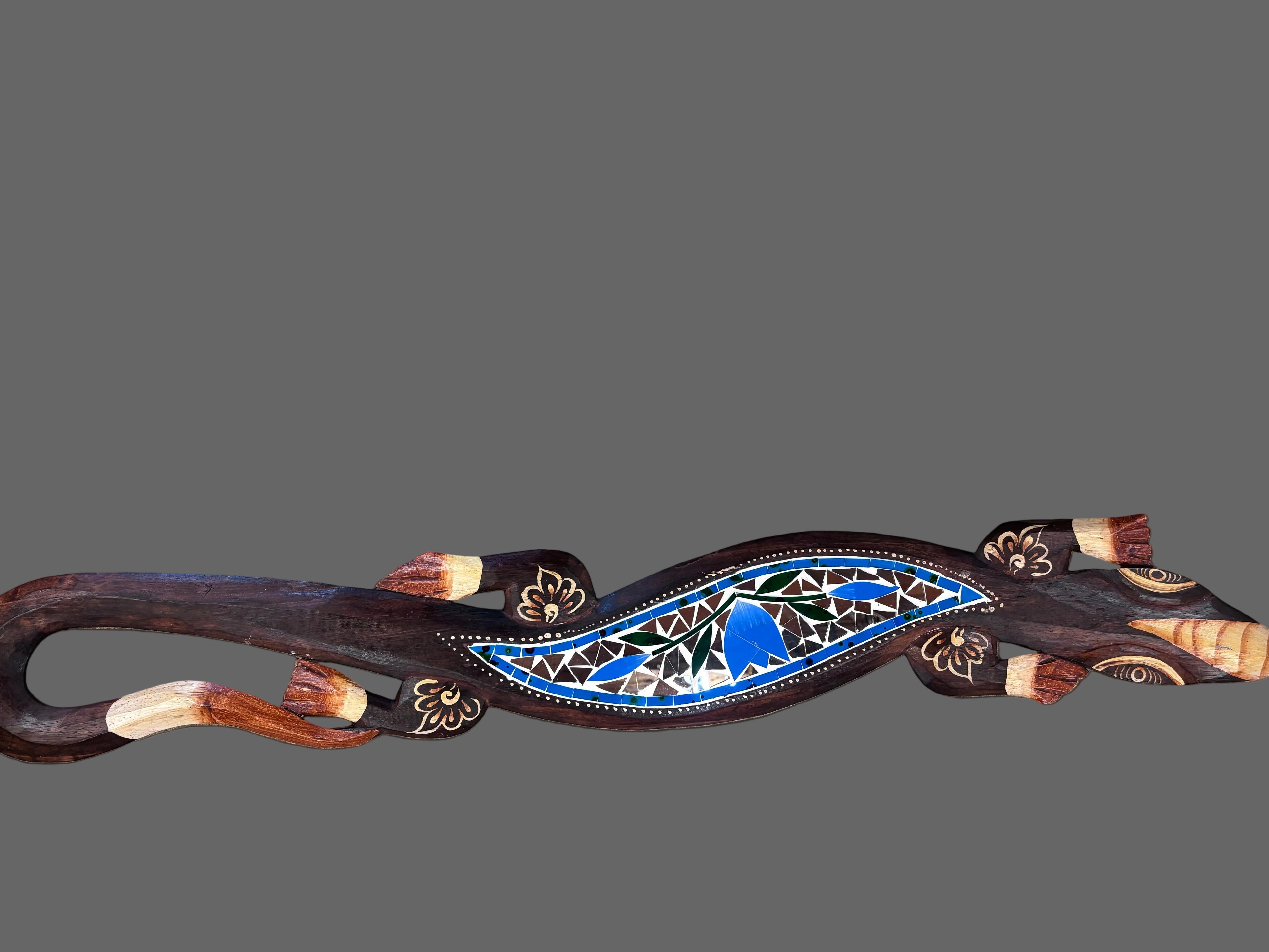 Wood and Glass Gecko with Blue and Black Glass 39" Long