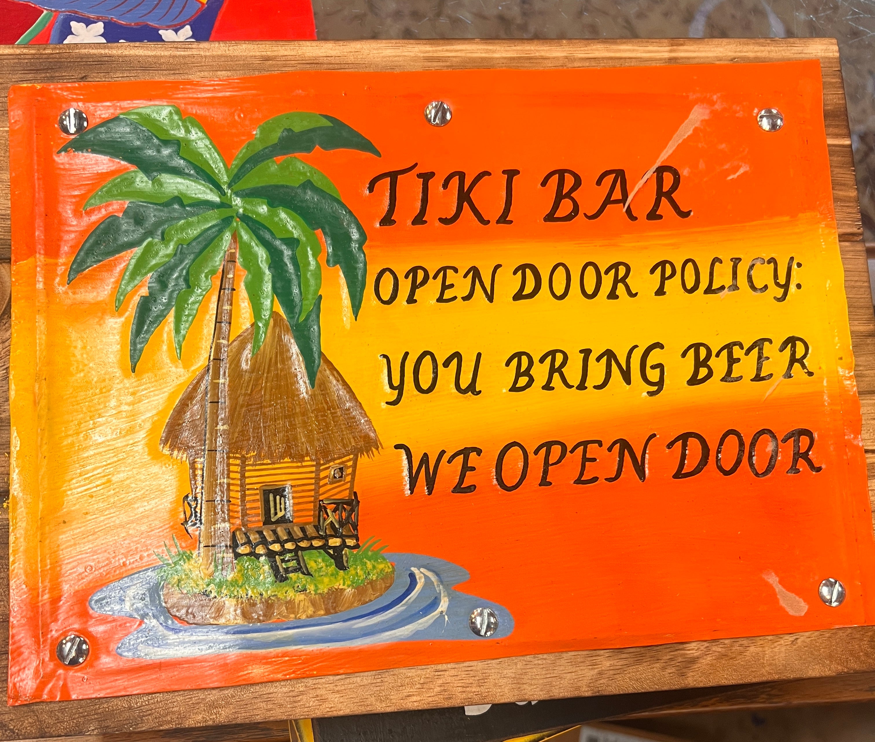 Tiki Bar Open Door Policy Metal And Wood Sign 15.5" x 12"