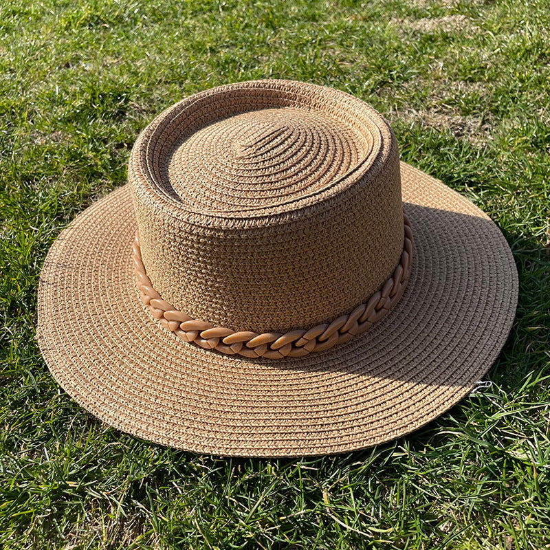 women's simple style solid color chain flat eaves sun hat NH32215524|Khaki|M_56-58cm_
