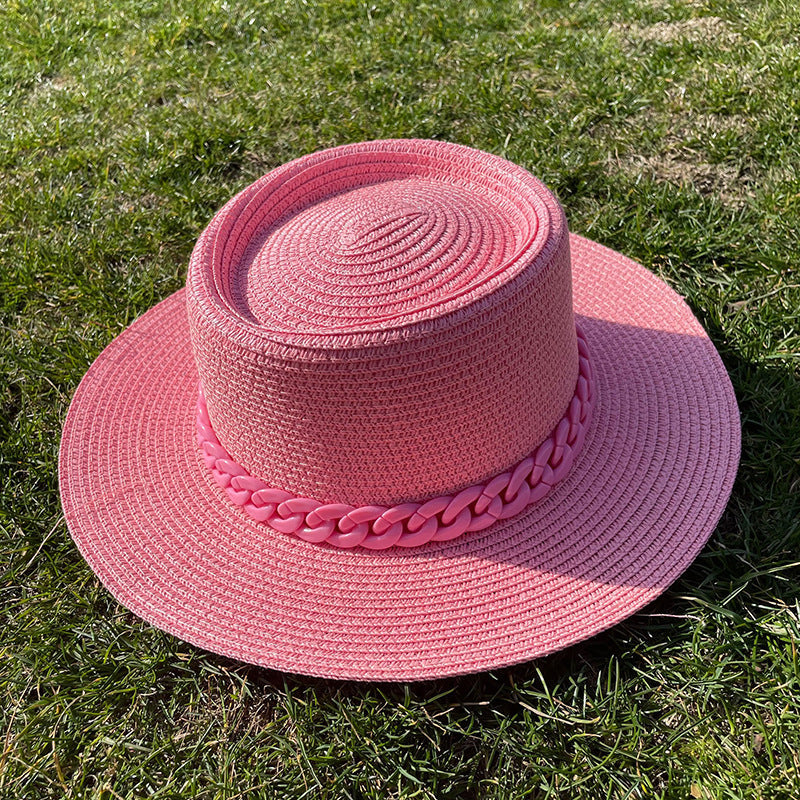 women's simple style solid color chain flat eaves sun hat NH32215527|Pink|M_56-58cm_