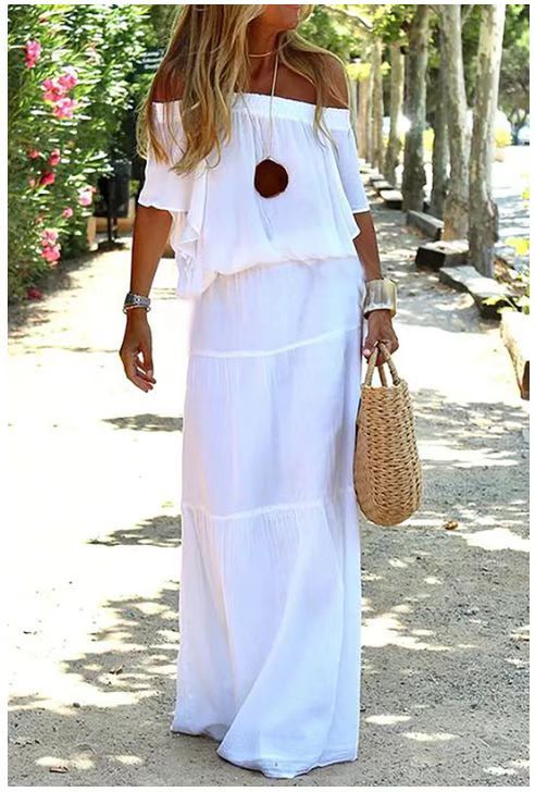 Women'S Casual Solid Color Daily Boat Neck Short Sleeve Regular Dress NH32299232|White|XL
