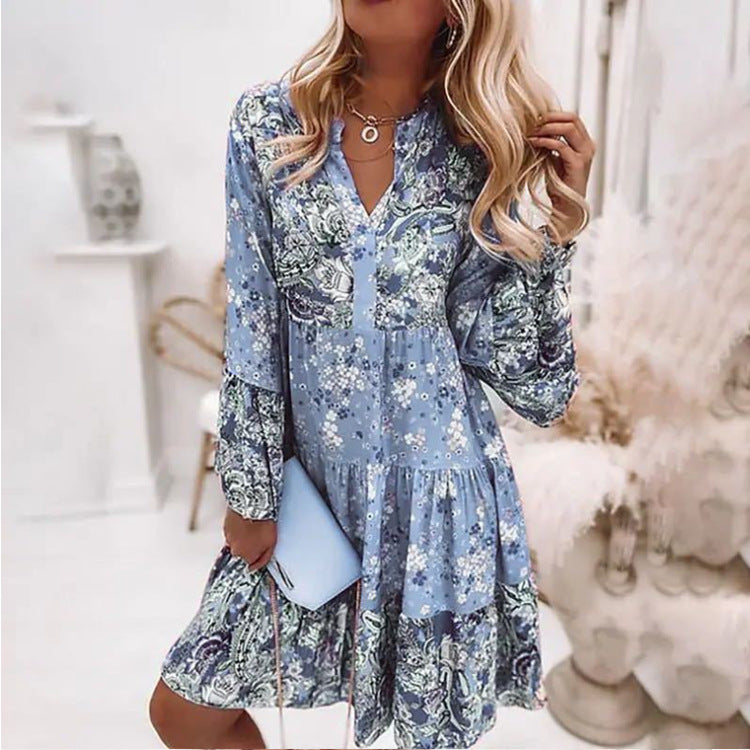 Women's Sexy Backless Plant Flowers Outdoor Daily Beach V collar Sling style Sleeveless Strap Dress NH43044830|Blue|L