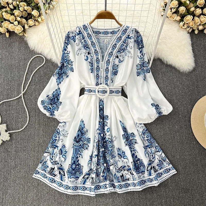 Women'S Bohemian Printing Button Flower Holiday Daily V Neck Long Sleeve Regular Dress NH33129374|Blue|S
