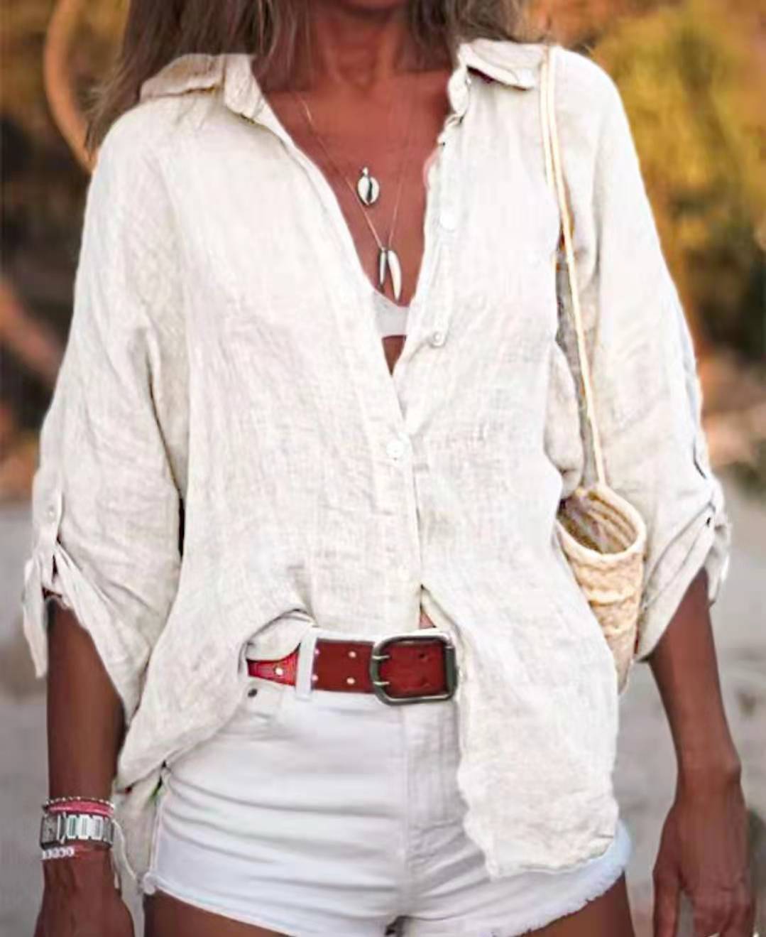 Women's Casual Solid Color 3/4 Length Sleeve Blouses NH33714684|White|M