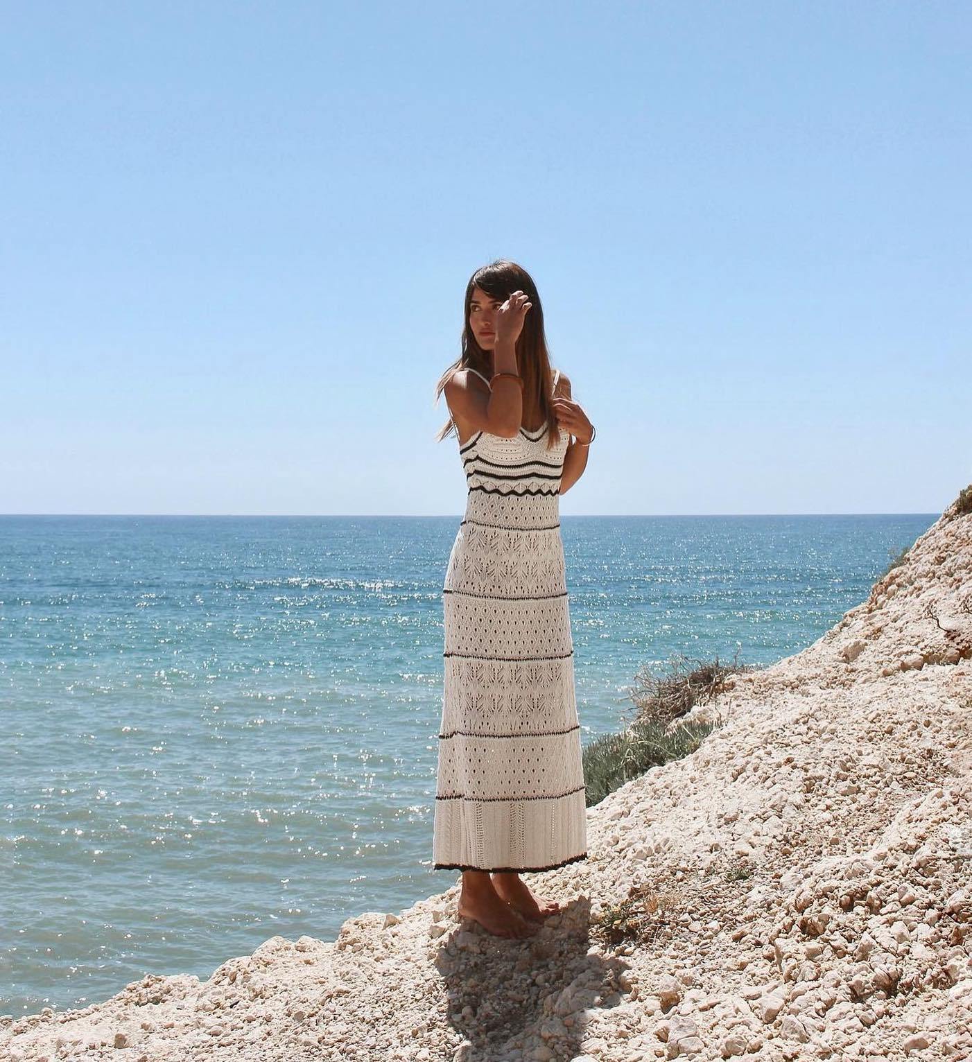 Women's Hawaiian Bohemian Hollow Out Color Block Beach Strap Sleeveless Regular Dress Sundress NH36228703|White|M