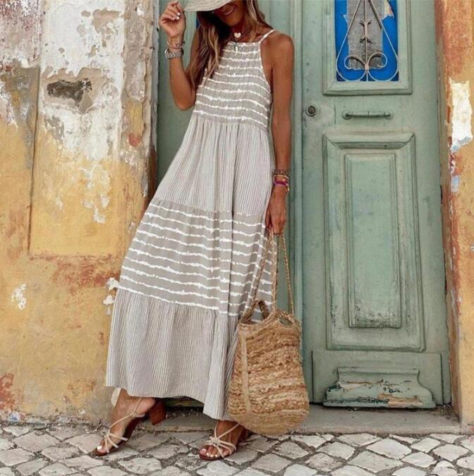 Women's Streetwear Stripe Daily Beach Halter Neck Sleeveless Swing Dress NH36448977|Gray White|L