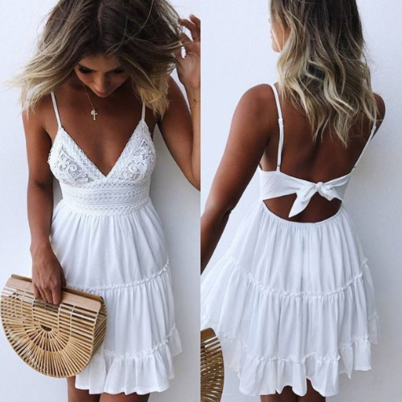 Women's Casual Sexy Lace Solid Color Holiday Daily Plunging Neck Sleeveless Strap Dress NH37036815|White|S