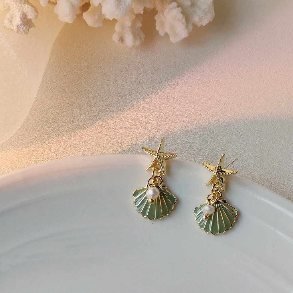 1 Pair Vacation Beach Starfish Pearl Shell Alloy Drop Earrings NH37264177|Green|One Size|A Pair