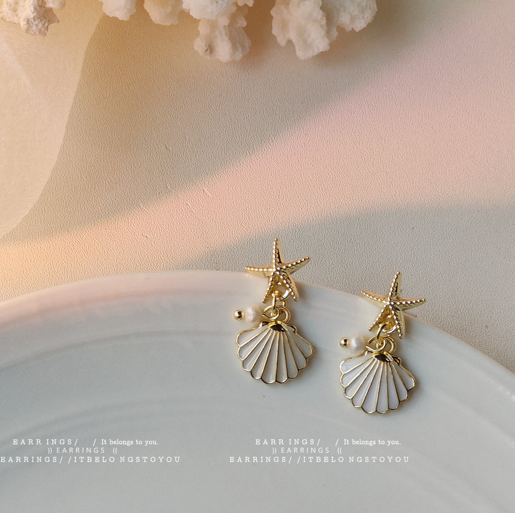 1 Pair Vacation Beach Starfish Pearl Shell Alloy Drop Earrings NH37264178|White|One Size|A Pair