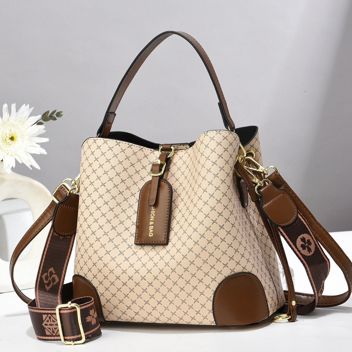 women's medium all seasons pu leather vintage style handbag NH38372198|Great Wall Pattern Beige