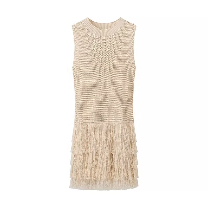 Women's Vacation Streetwear Tassel Solid Color Casual Holiday Round Neck Sleeveless Fringe Dress NH40323220|Apricot|M