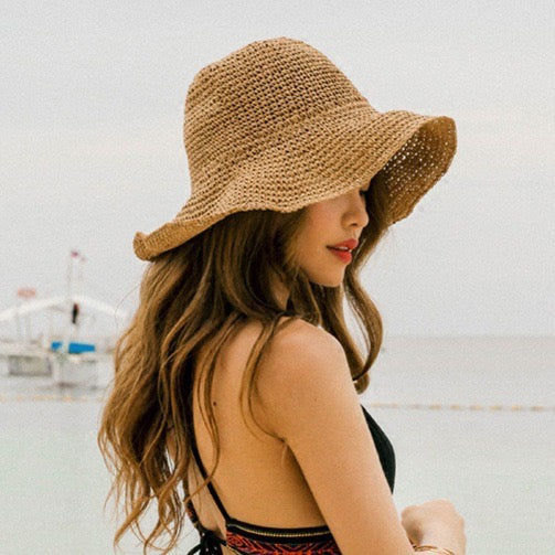 Summer straw hat female sun protection beach sun hat holiday sun hat seaside big brim fisherman hat sun protection hat handmade NH41012395|10CM edge khaki