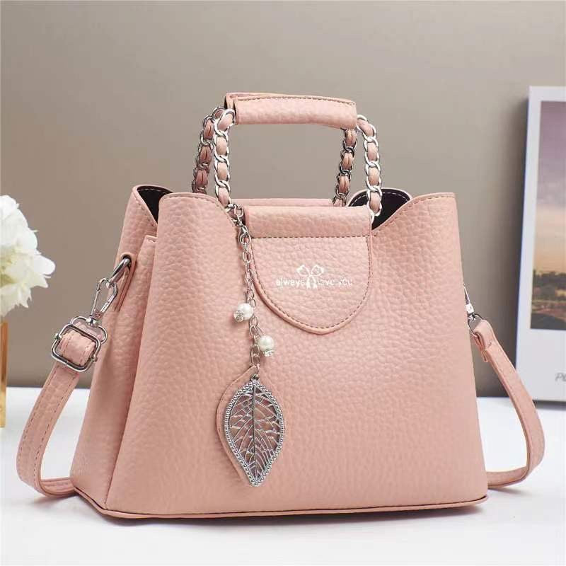 Women's Pu Leather Leaves Solid Color Classic Style Pearls Sewing Thread Chain Bucket Zipper Crossbody Bag NH41437182|Pink