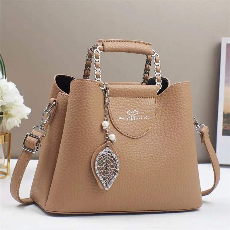 Women's Pu Leather Leaves Solid Color Classic Style Pearls Sewing Thread Chain Bucket Zipper Crossbody Bag NH41437184|Khaki
