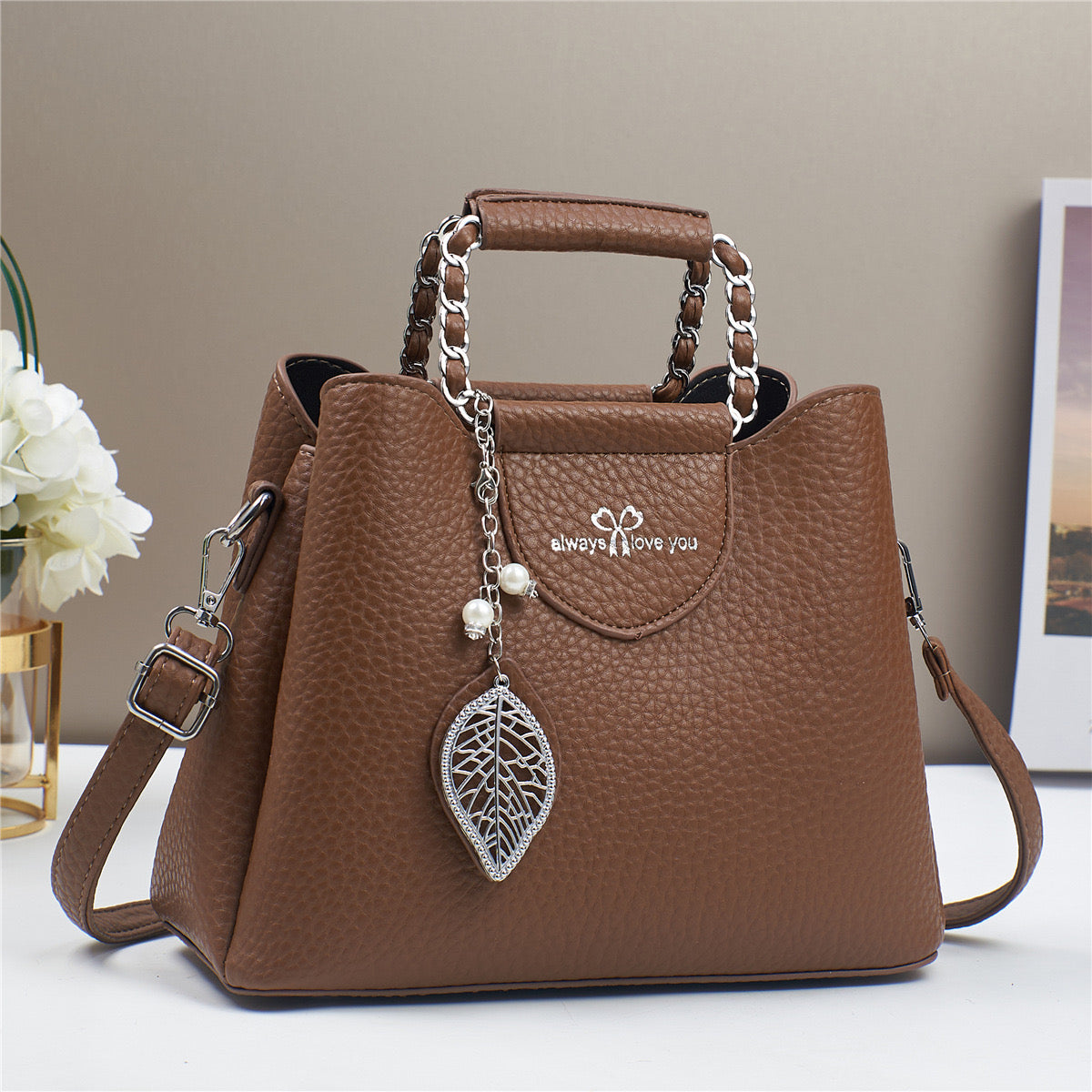 Women's Pu Leather Leaves Solid Color Classic Style Pearls Sewing Thread Chain Bucket Zipper Crossbody Bag NH41437185|Brown