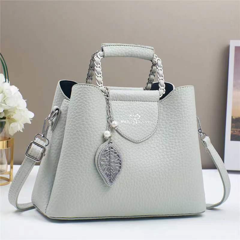 Women's Pu Leather Leaves Solid Color Classic Style Pearls Sewing Thread Chain Bucket Zipper Crossbody Bag NH41437188|Grey