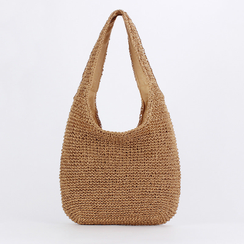 Women's Large Paper Solid Color Vintage Style Streetwear Weave Square Zipper Straw Bag NH41743301|Camel