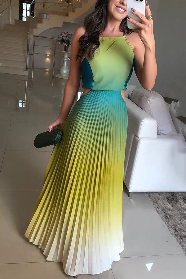 Women's Casual Vacation Pleated Backless Gradient Color Solid Color Daily Halter Neck Sleeveless Strap Dress NH43383562|Green|L