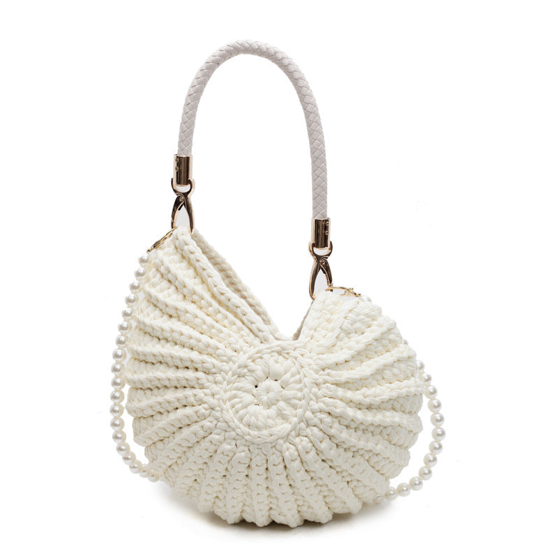 Women's Medium Cloth Solid Color Vacation Weave Shell Open Crossbody Bag NH43568179|White_Finished Product_