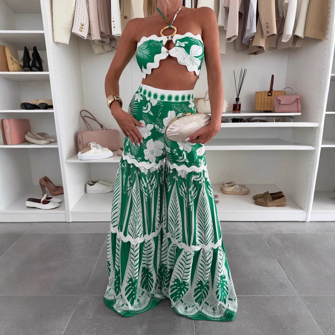 Casual Outdoor Beach Women's Vacation Classic Style Flower Linen Polyester Hemp Pant Co-ord Set Pants Sets NH43926184|Green|L