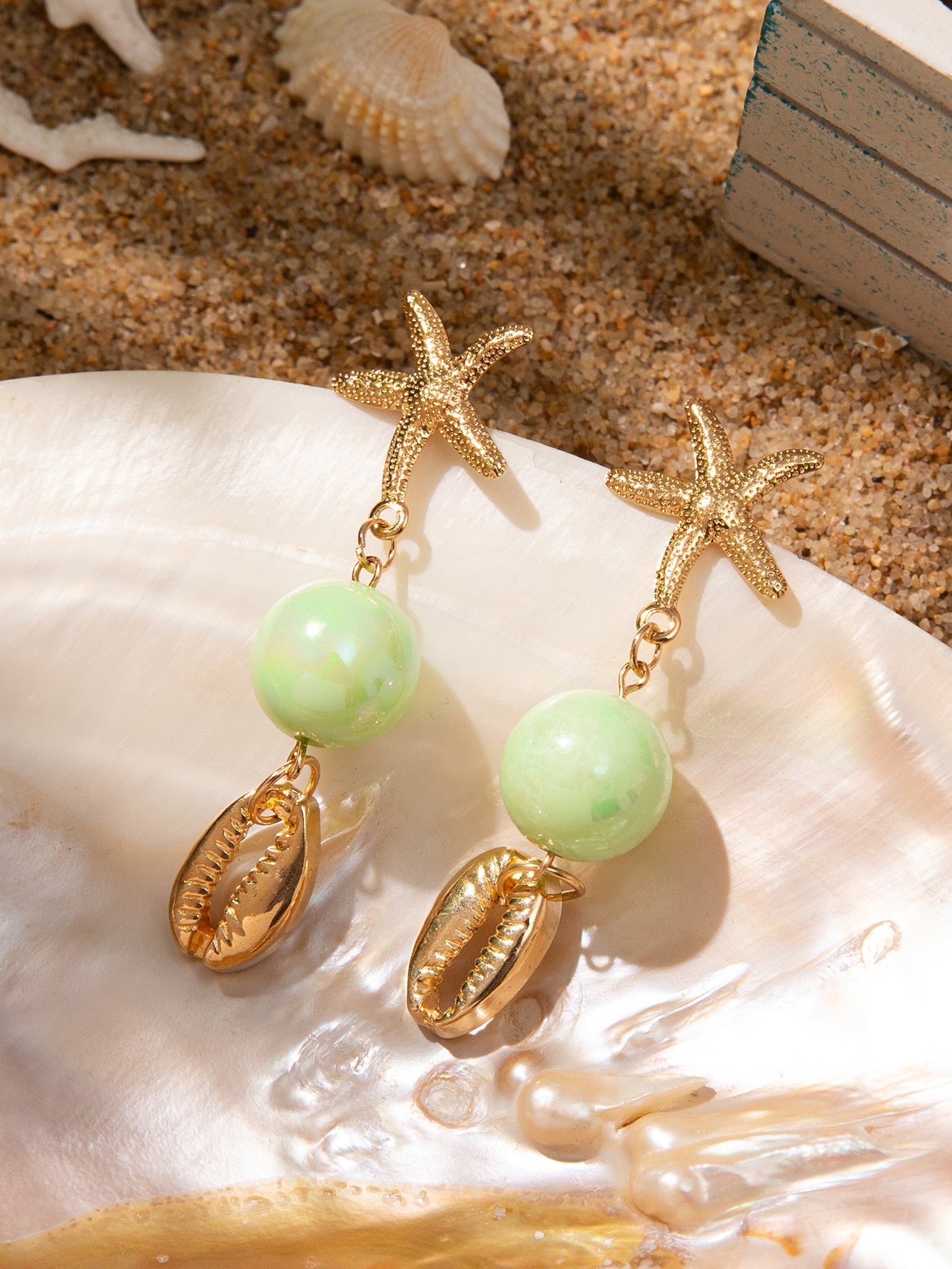 1 Pair Vacation Beach Starfish Turtle Shell Alloy Resin Drop Earrings NH42845152|Multicolor|One Size|Starfish Green Shell