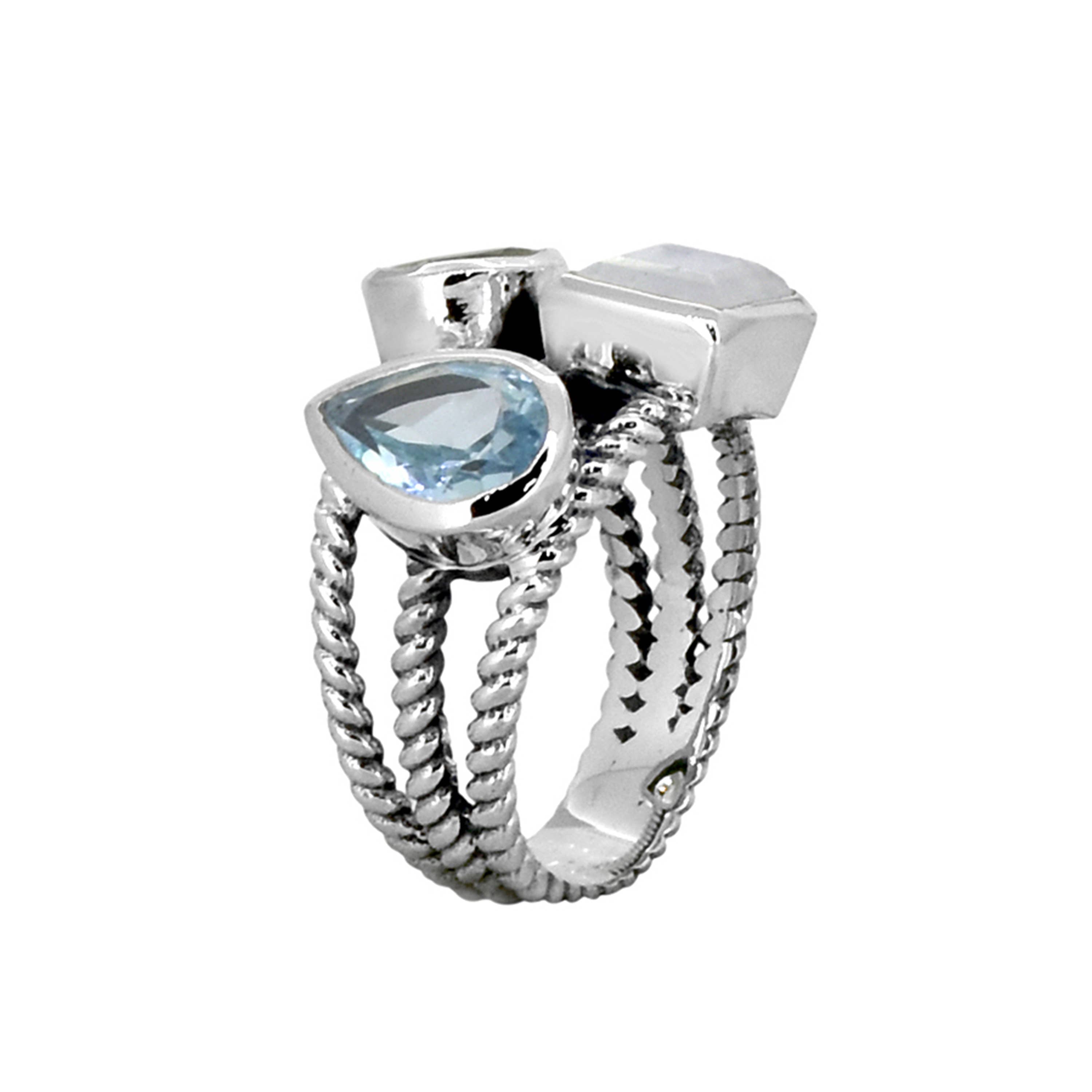 925 Sterling Silver Blue Topaz Moonstone Rope Ring: 7