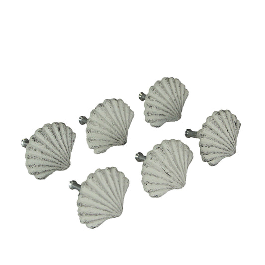 Set of 6 White Cast Iron Scallop Sea Shell Drawer Pulls