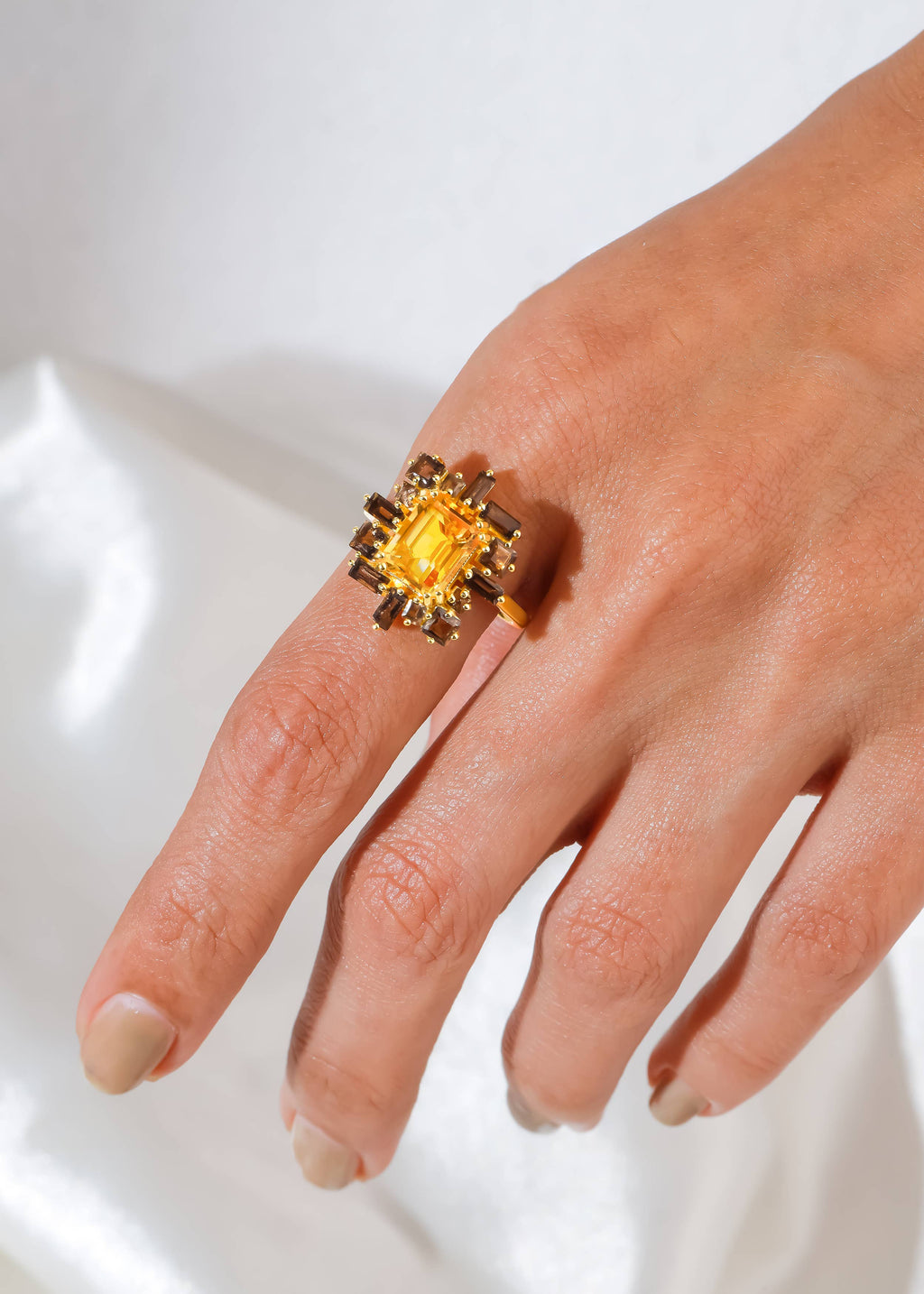 Gold Plated Silver Citrine & Smoky Quartz Halo Ring: 7