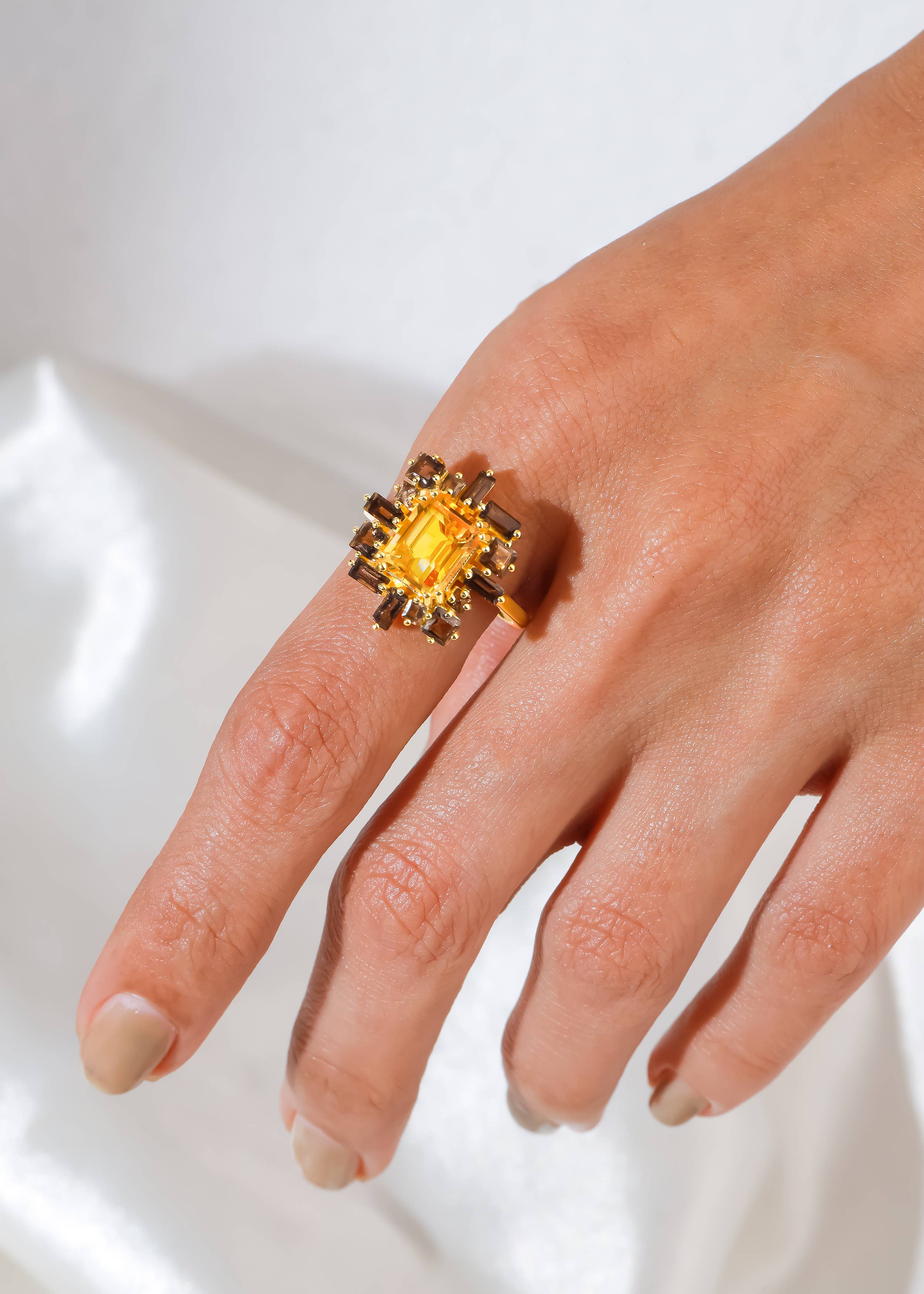 Gold Plated Silver Citrine & Smoky Quartz Halo Ring: 7