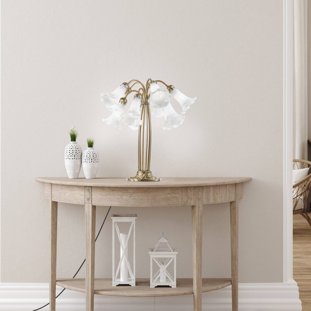 21" Lily 10-Light Antique Brass and White Glass Table Lamp
