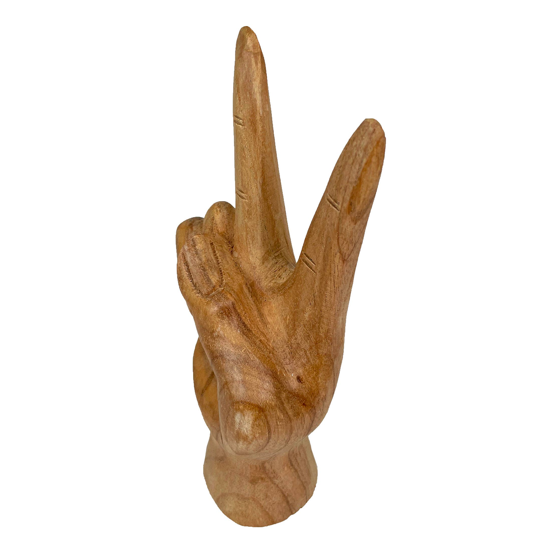 Carved Wood Peace Sign Hand Gesture Statue 7.75 Inch