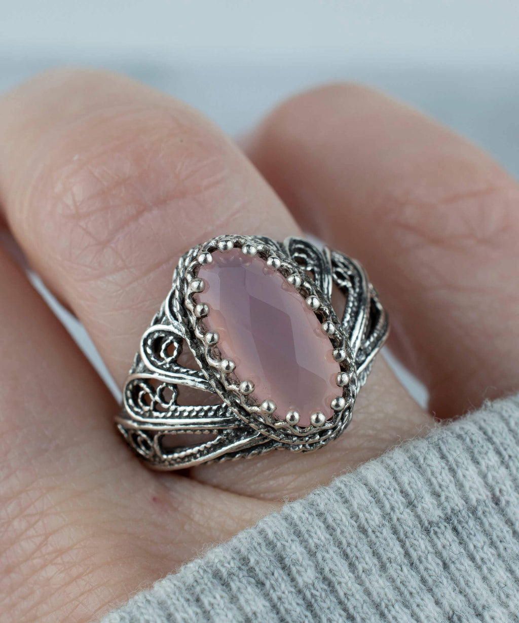 Art Pink Chalcedony Gemstone Angel Wings Women Silver Ring: Pink Chalcedony / 8