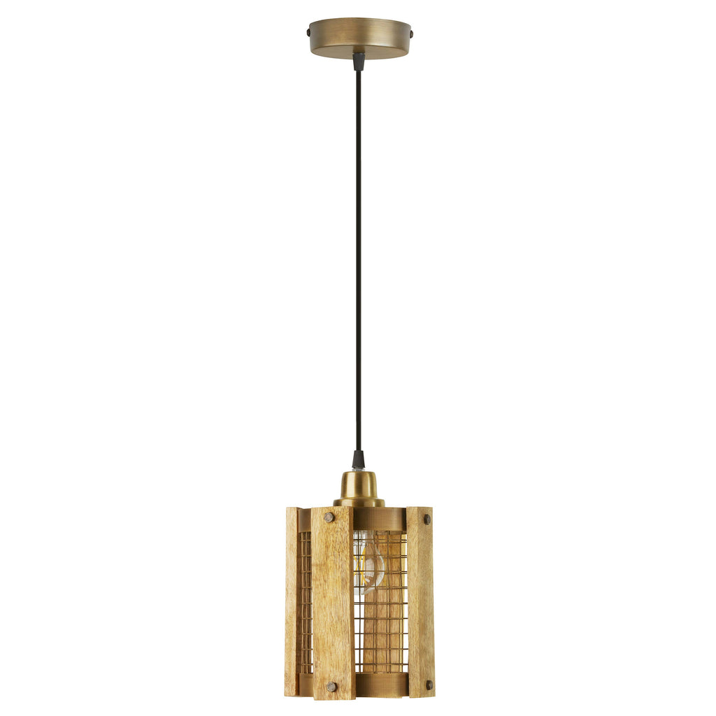 5"W Brushed Gold Metal Pendant Light with Wood Shade