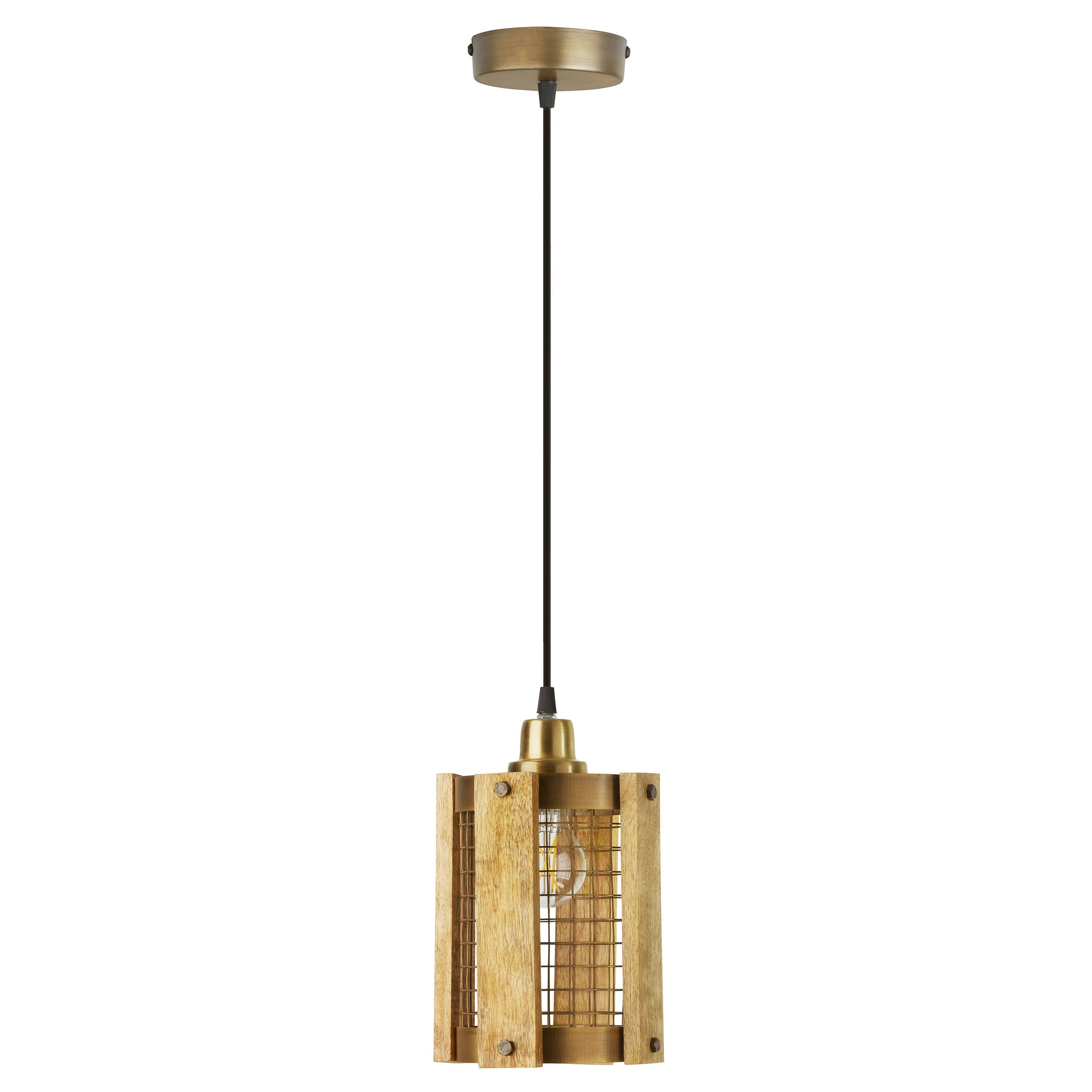 5"W Brushed Gold Metal Pendant Light with Wood Shade