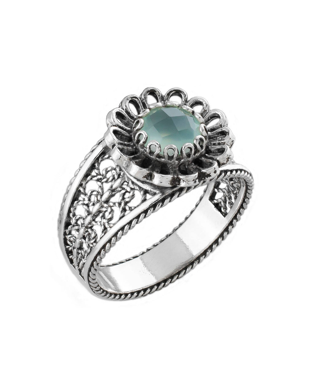 Filigree Art Daisy Figured Aqua Chalcedony Gemstone Women Sterling Silver Cocktail Ring: 7