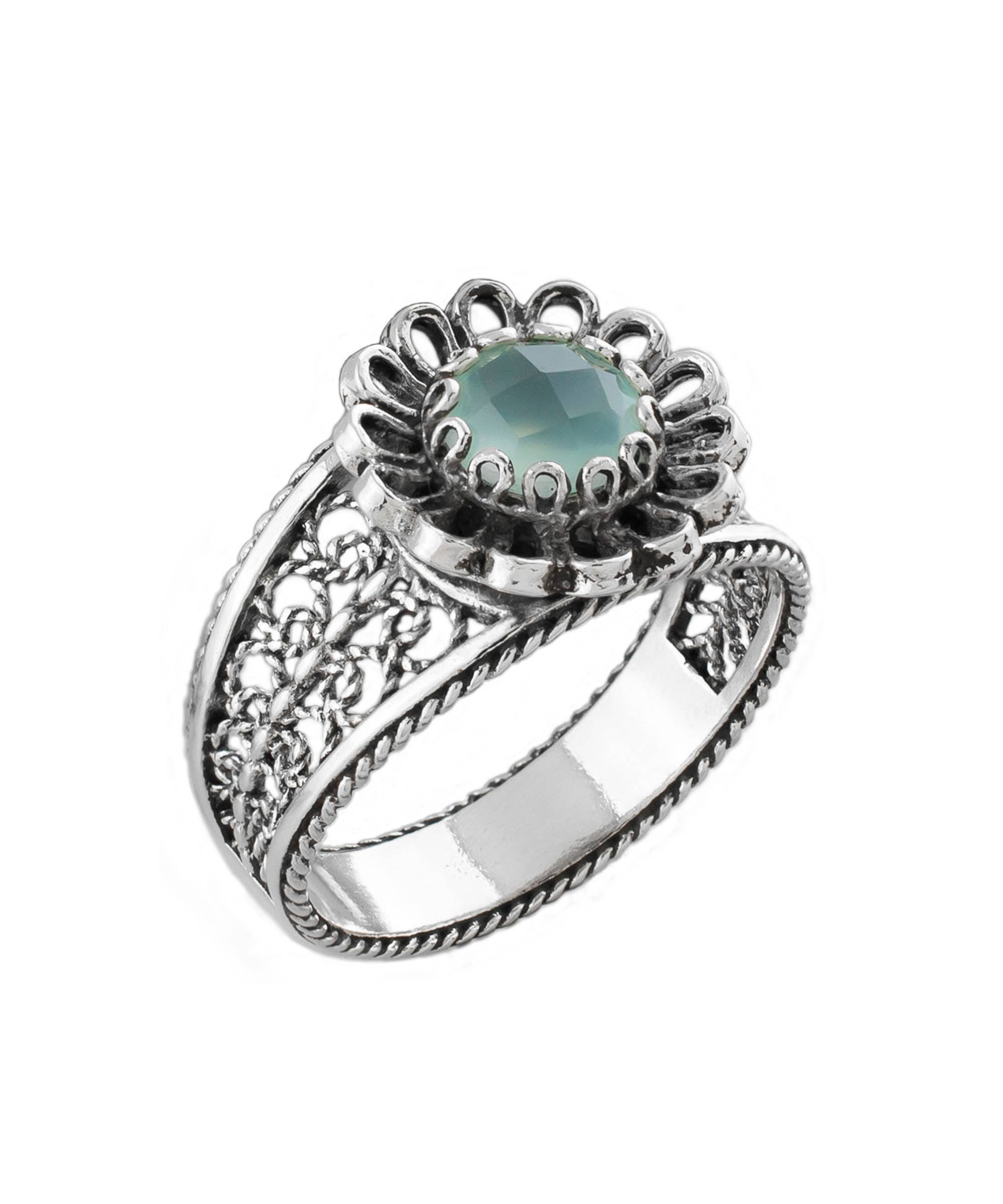 Filigree Art Daisy Figured Aqua Chalcedony Gemstone Women Sterling Silver Cocktail Ring: 7