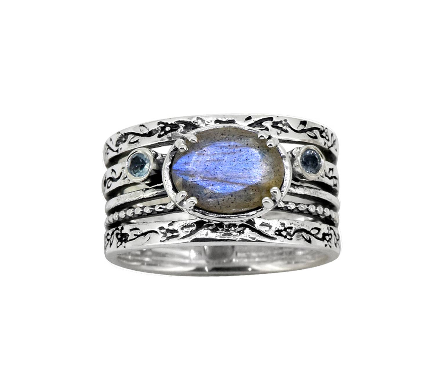 Labradorite & Swiss Blue Topaz Sterling Silver Antique Ring: 7